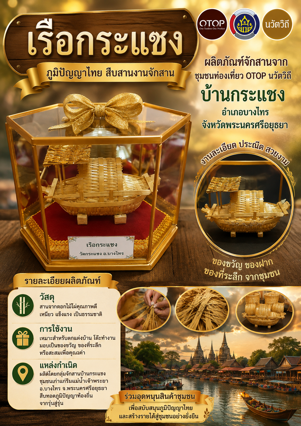 🌾สพอ.บางไทร🦐 ✨นำเสนอผลิตภัณฑ์จากงานหัตถกรรมจักสานตอกไม้ไผ่ "เรือกระแชงจำลอง" ผลิตภัณฑ์จากหมู่บ้านท่องเที่ยว OTOP นวัตวิถีตำบลกระแชง✨ 