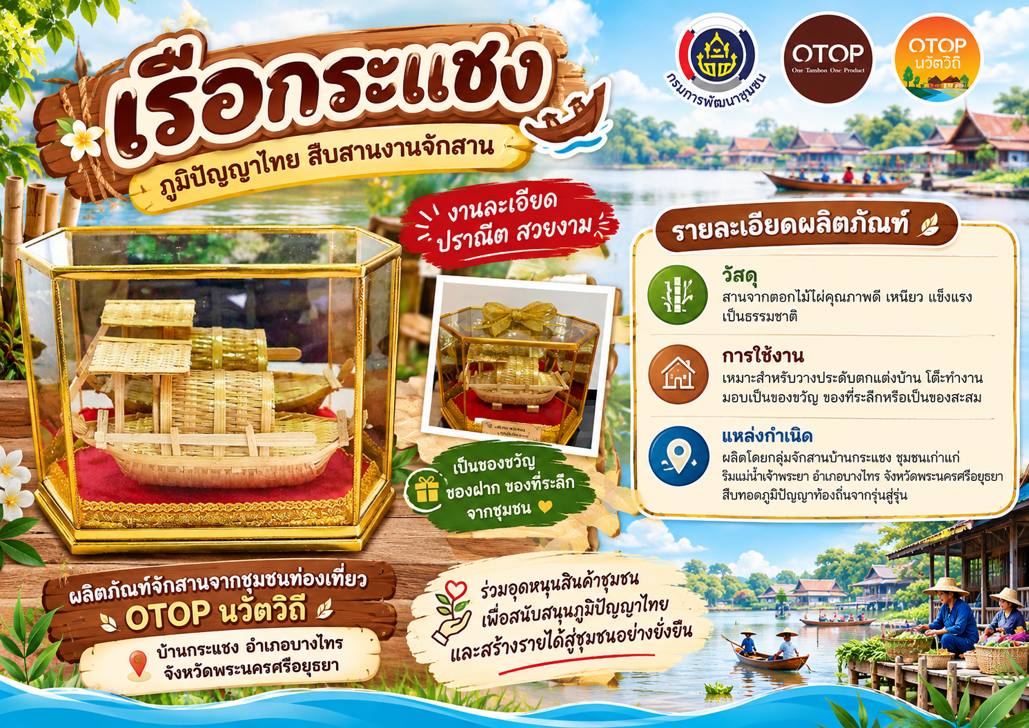 🌾สพอ.บางไทร🦐 ✨นำเสนอผลิตภัณฑ์จากงานหัตถกรรมจักสานตอกไม้ไผ่ "เรือกระแชงจำลอง" ผลิตภัณฑ์จากหมู่บ้านท่องเที่ยว OTOP นวัตวิถีตำบลกระแชง✨