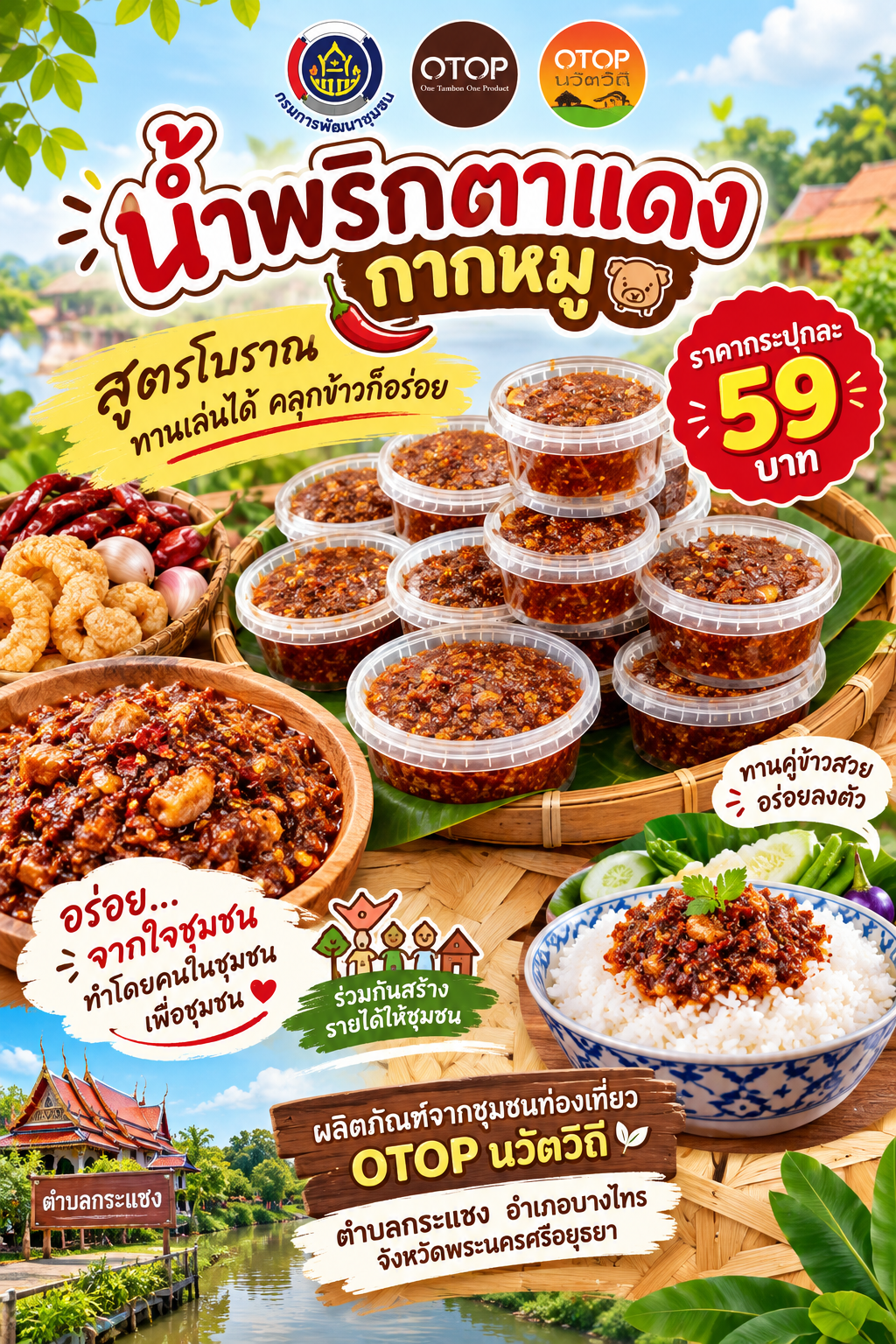 🌳สพอ.บางไทร🌾 💠พช.บางไทร ขอนำเสนอ "น้ำพริกตาแดงกากหมู" เมนูอาหารพื้นถิ่นจากชุมชนท่องเที่ยว OTOP นวัตวิถีตำบลกรแชง อำเภอบางทร จังหวัดพระนครศรีอยุธยา