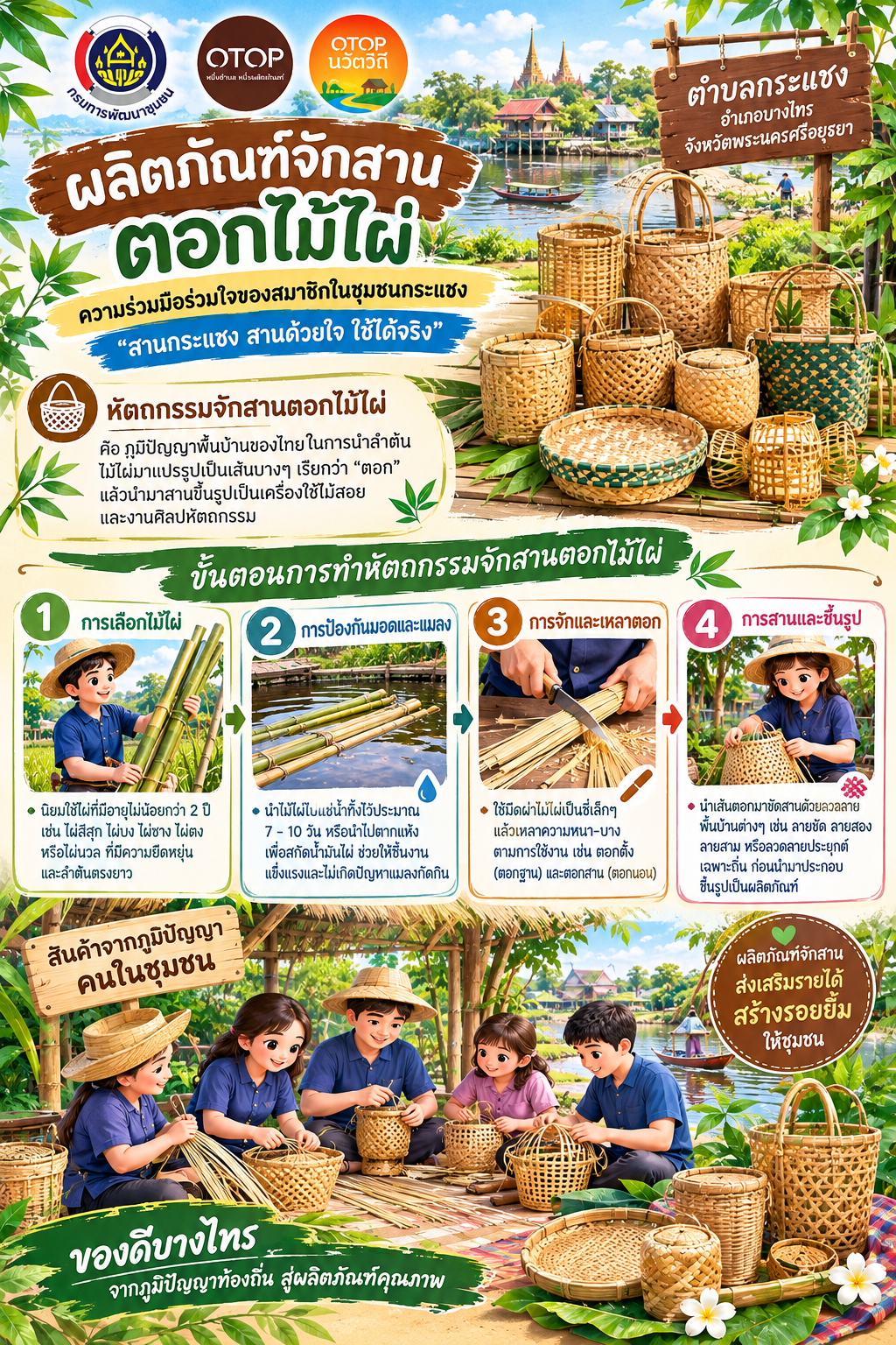 🌾สพอ.บางไทร🦐  ✨แนะนำหัตถกรรมจักสานตอกไม้ไผ่ ผลิตภัณฑ์ OTOP นวัตวิถี ตำบลกระแชง✨ 